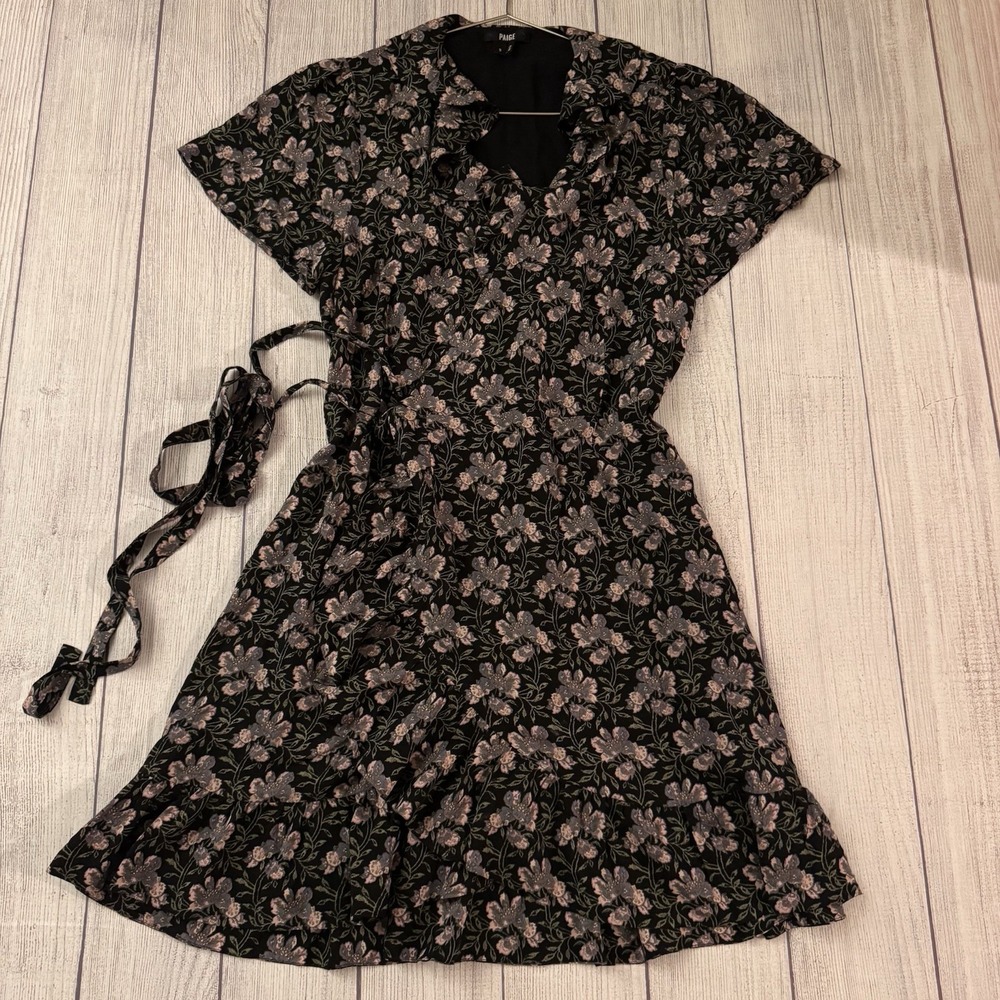 PAIGE Women's S Black Floral Wrap Dress Ruffle Hem Short Sleeve Midi Rayon